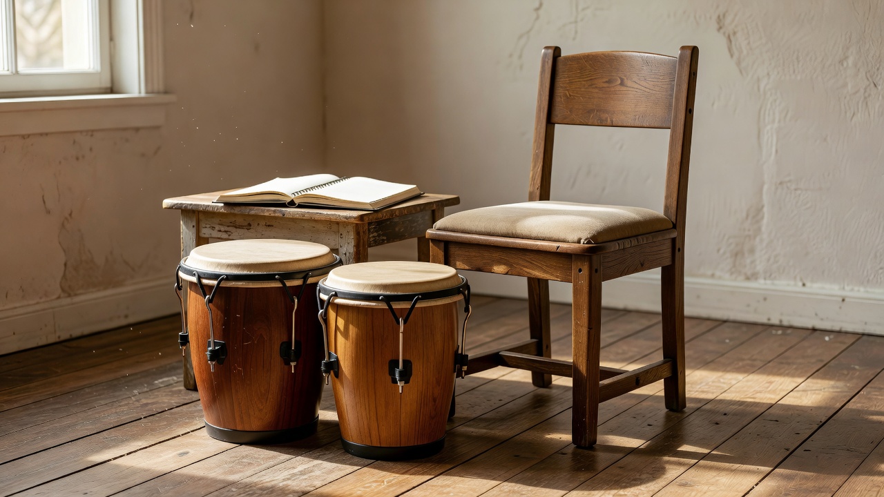 A bongo practice space with a stable chair and an open notebook nearby