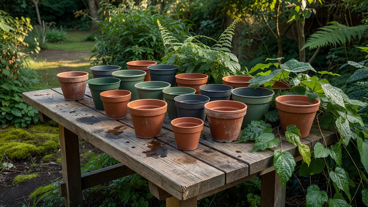 A garden workbench with empty plant pots, a wooden surface, and nearby leaves