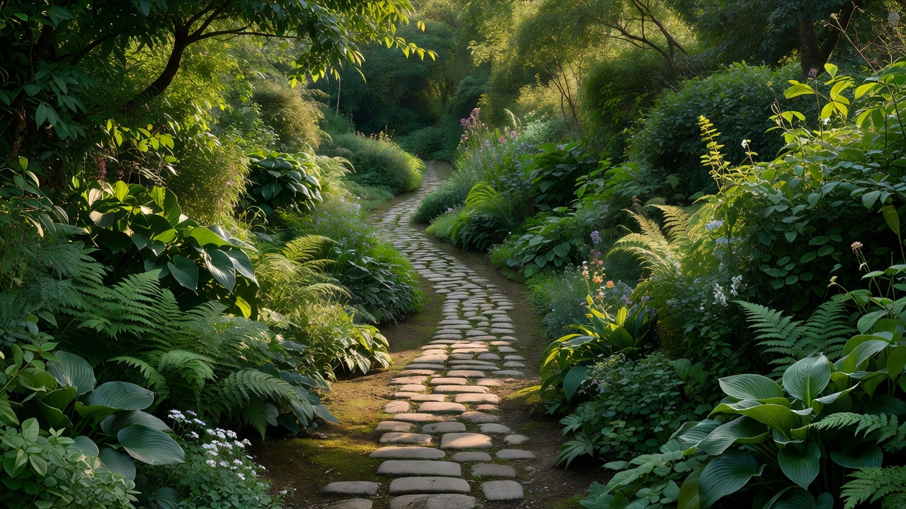 A quiet garden path between leafy borders, suitable for a slow listening walk