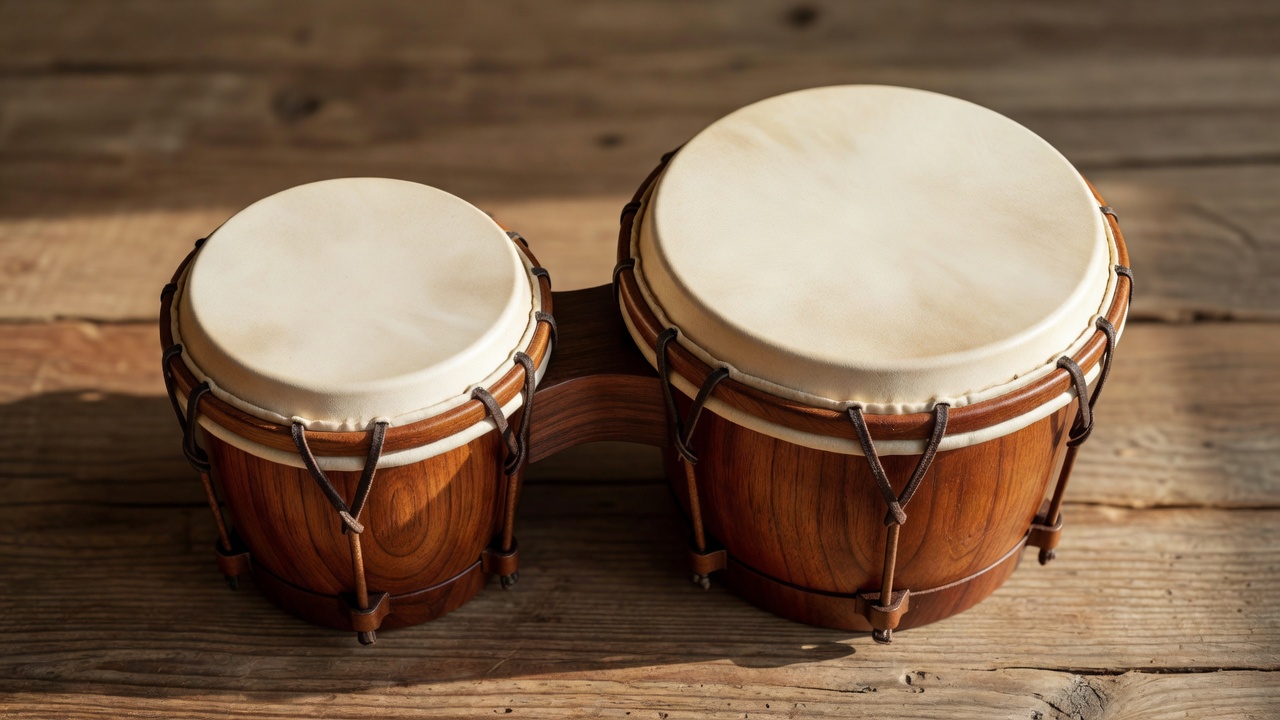 A connected pair of wooden bongos with pale drumheads, viewed from above